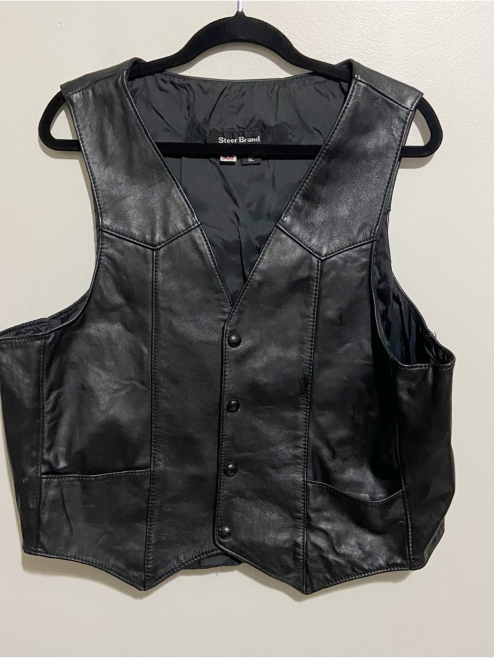 Steer Brand Leather Vest Mens XL Black Biker Motorcycle Made In USA Pockets
